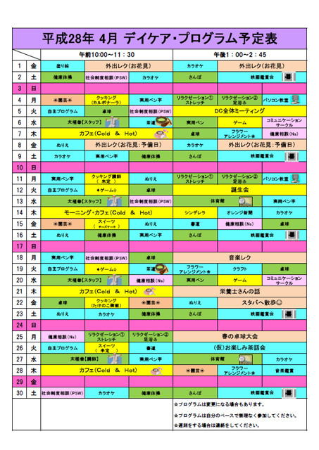 デイケアプログラム2016年4月